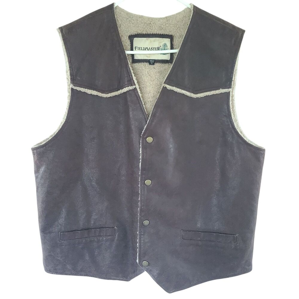Vintage Fieldmaster Leather Sherpa Lined Vest Sz LG Western Cowboy Chor jacket